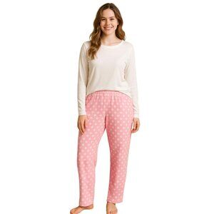 Adonna Sleepwear Pink Polka Dot Pajama Pants Size Medium Cozy Fleece Loungewear